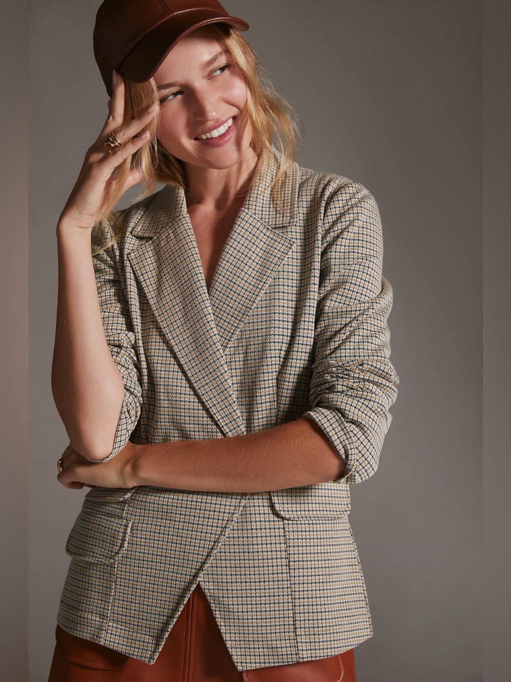 MAEVE Women's Houndstooth Collegiate Stretch Knit Asymmetric Blazer, Medium Tan